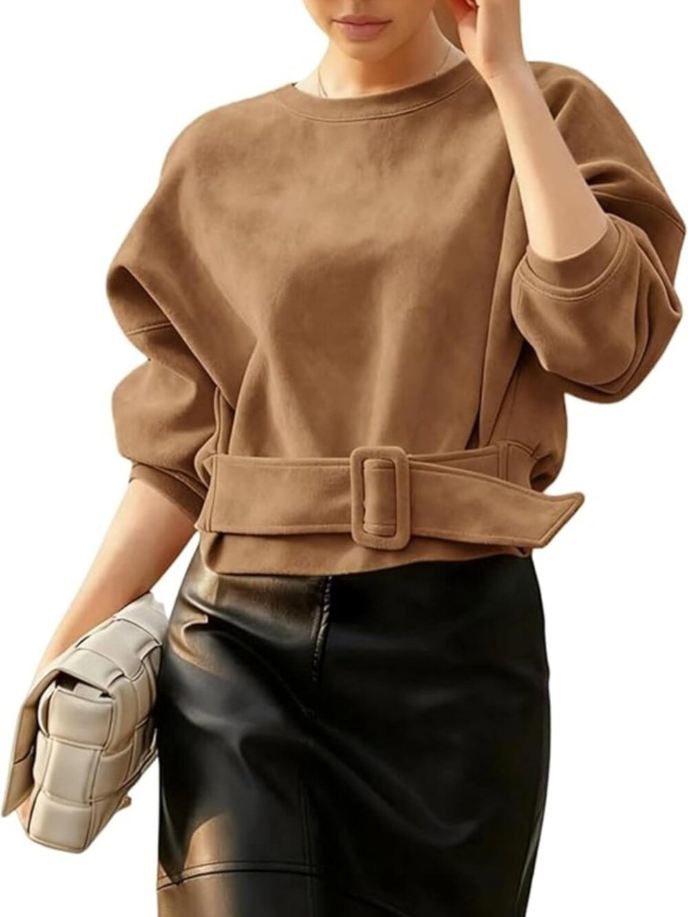 Chic Women's Faux Suede Cropped Pullover Top with Belted Buckle - Casual Fall
